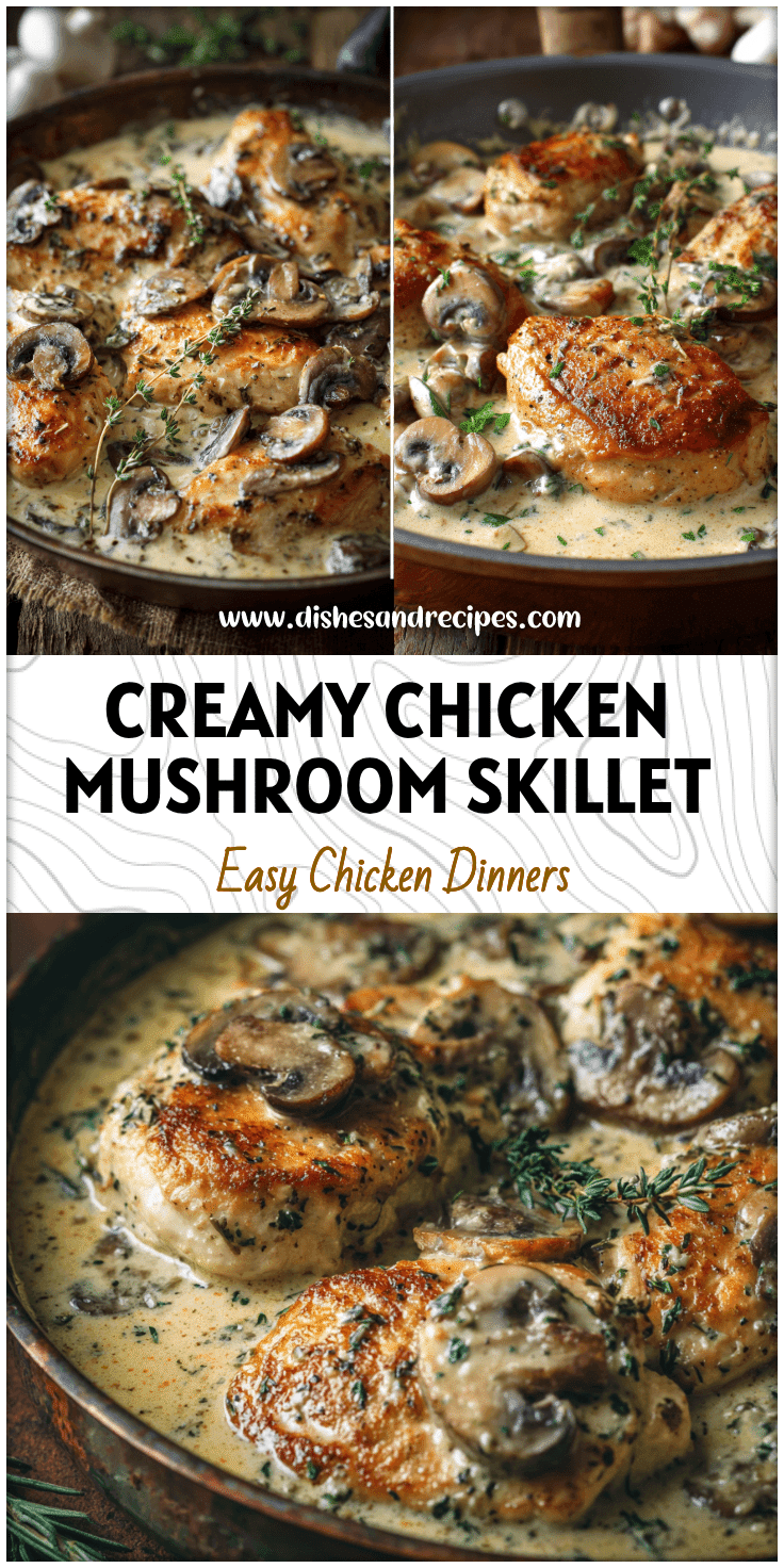 Golden chicken pieces in creamy mushroom sauce served in a rustic skillet with herbs.